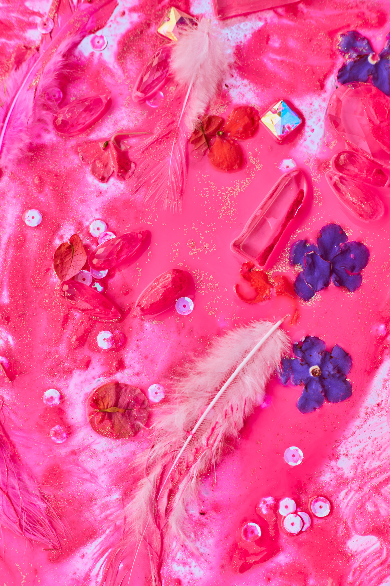 Pink Silk Fabric with Sequins and Feathers